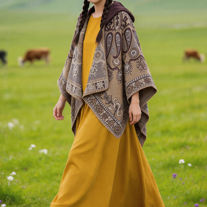 Buddha Stones Fall Winter Hooded Paisley Geometric Boho Poncho Style Shawl - image 30