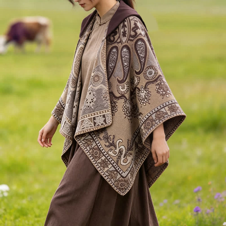 Buddha Stones Fall Winter Hooded Paisley Geometric Boho Poncho Style Shawl - image 28