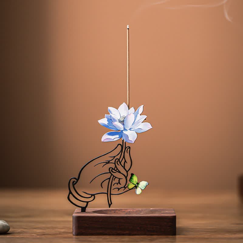 Buddha Stones Hand Lotus Butterfly Enlightenment Upright Incense Burner - Blue - image 8