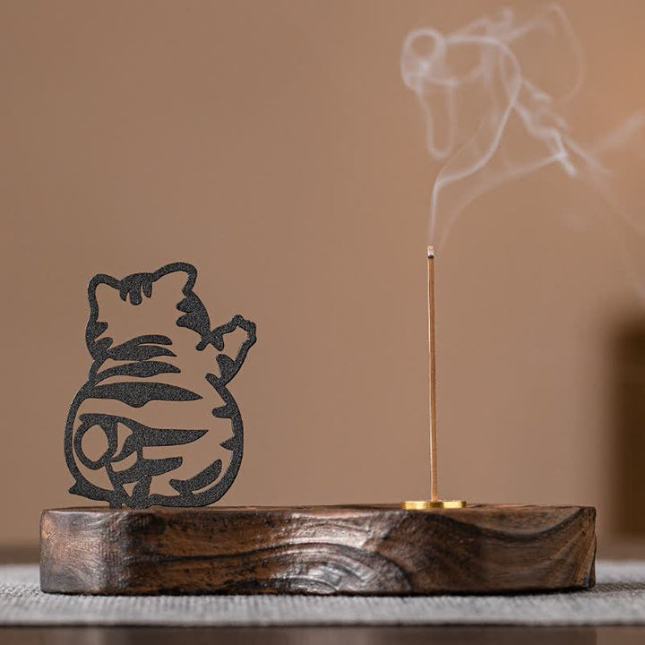 Buddha Stones Vintage Iron Cat Lamp Post Wooden Base Meditation Incense Burner - Cat's Back - image 1