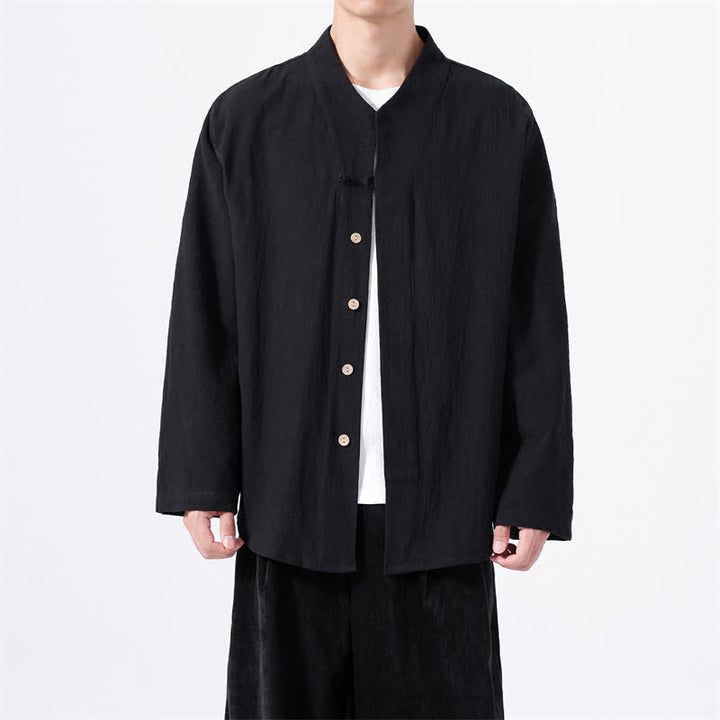 Buddha Stones Fall Minimalist Tang Style Mandarin Collar Solid Cotton Men's Long Sleeve Shirts - Black - US/UK/AU46，EU56 (5XL) - image 8