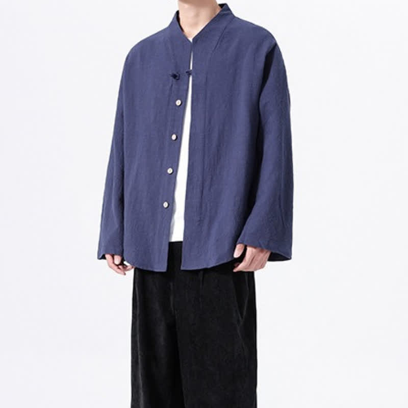 Buddha Stones Fall Minimalist Tang Style Mandarin Collar Solid Cotton Men's Long Sleeve Shirts - image 7