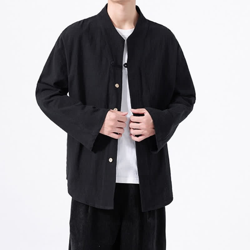 Buddha Stones Fall Minimalist Tang Style Mandarin Collar Solid Cotton Men's Long Sleeve Shirts - image 9