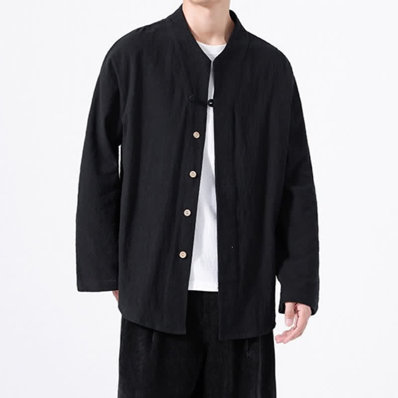 Buddha Stones Fall Minimalist Tang Style Mandarin Collar Solid Cotton Men's Long Sleeve Shirts - image 13