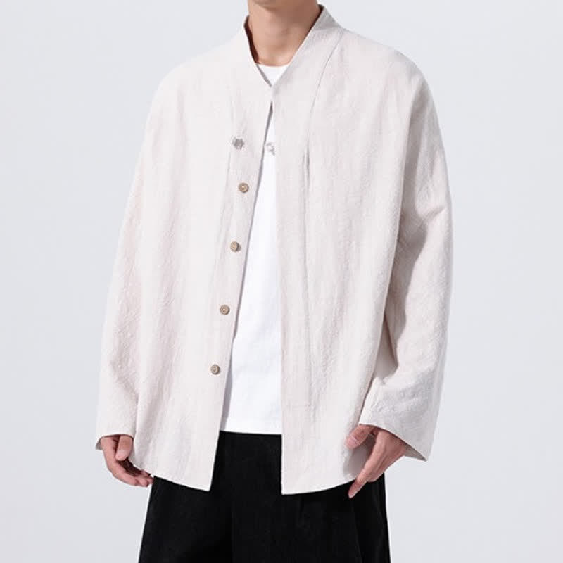 Buddha Stones Fall Minimalist Tang Style Mandarin Collar Solid Cotton Men's Long Sleeve Shirts - image 22