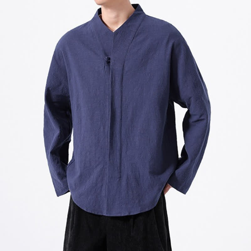 Buddha Stones Fall Minimalist Tang Style Mandarin Collar Solid Cotton Men's Long Sleeve Shirts - image 6