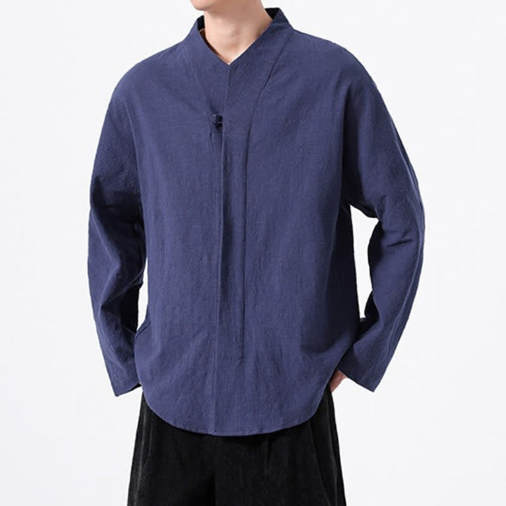 Buddha Stones Fall Minimalist Tang Style Mandarin Collar Solid Cotton Men's Long Sleeve Shirts - image 6