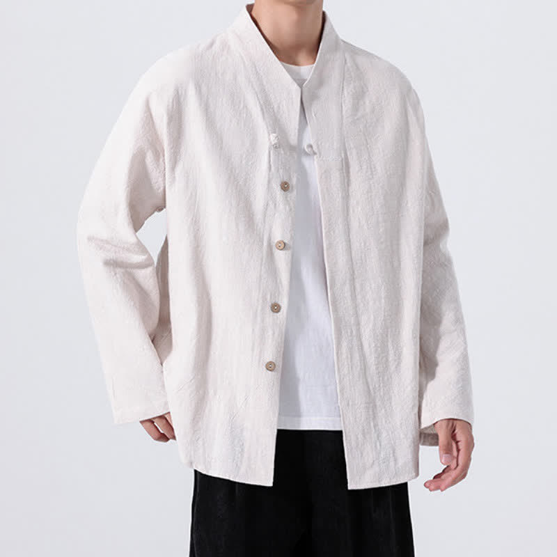 Buddha Stones Fall Minimalist Tang Style Mandarin Collar Solid Cotton Men's Long Sleeve Shirts - image 20