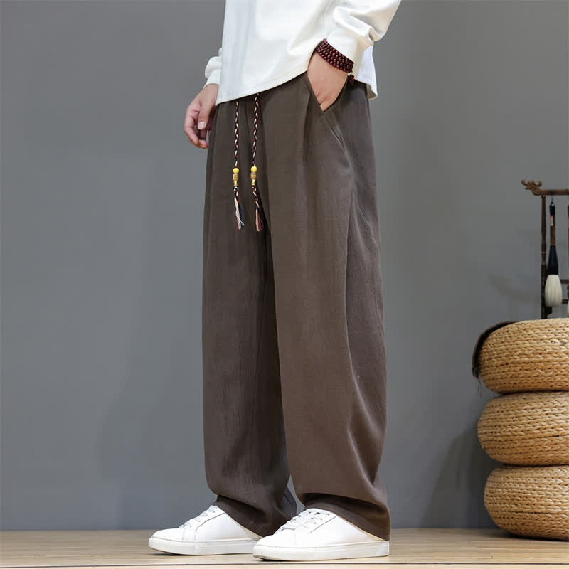 Buddha Stones Fall Winter Casual Drawstring Solid Long Pants Men's Straight Leg Pants With Pockets - SaddleBrown - US/UK/AU46，EU56 (5XL) - image 0