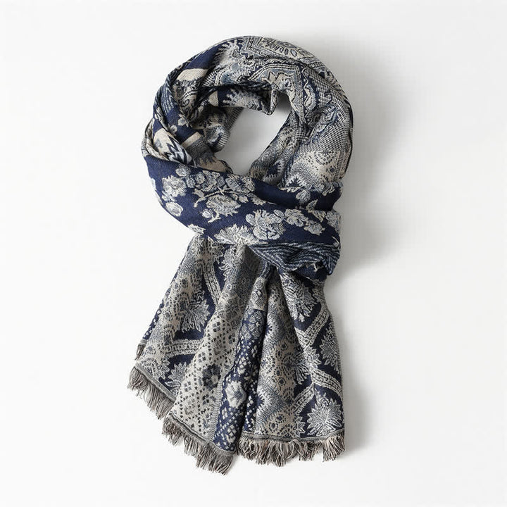Buddha Stones Fall Winter Reversible Paisley Geometric Tassel Scarf - Navy Approx. 25.6 in × 70.9 in / 65 × 180 cm - image 1