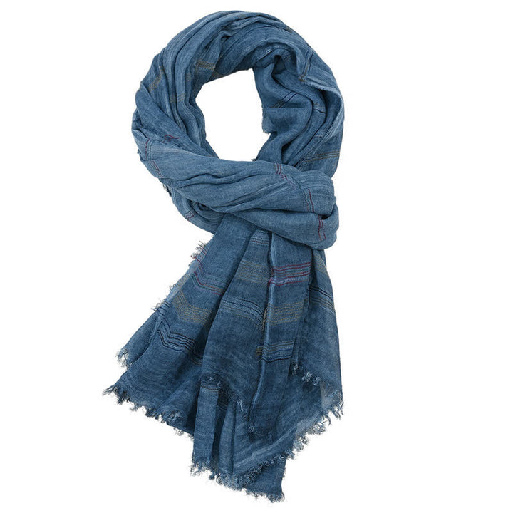 Buddha Stones Spring Fall Earth Tone Fine Stripe Frayed Tassel Men's Scarf - Navy - Approx. 35.4 in × 74.8 in / 90 × 190 cm - image 4