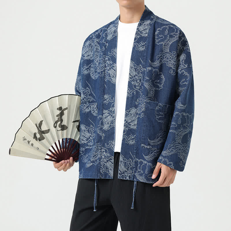 Buddha Stones Spring Vintage Drawstring Dragon Clouds Print Men's Kimono With Pockets - image 1