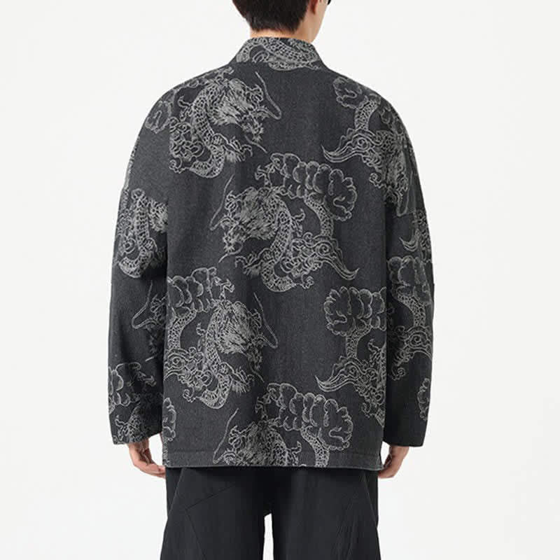 Buddha Stones Spring Vintage Drawstring Dragon Clouds Print Men's Kimono With Pockets - image 12