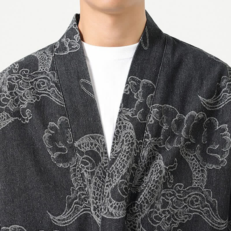 Buddha Stones Spring Vintage Drawstring Dragon Clouds Print Men's Kimono With Pockets - image 20