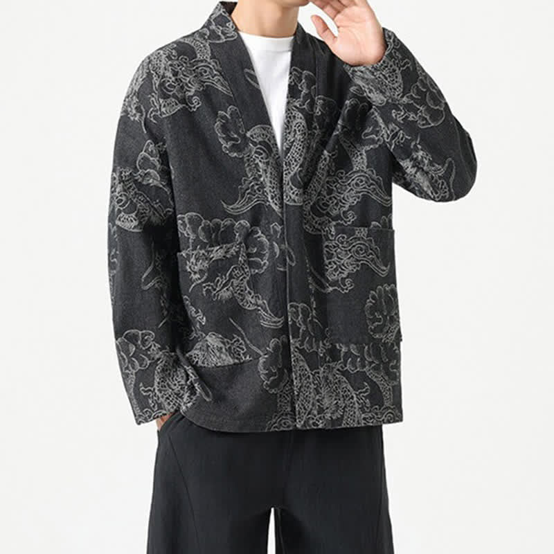 Buddha Stones Spring Vintage Drawstring Dragon Clouds Print Men's Kimono With Pockets - image 16