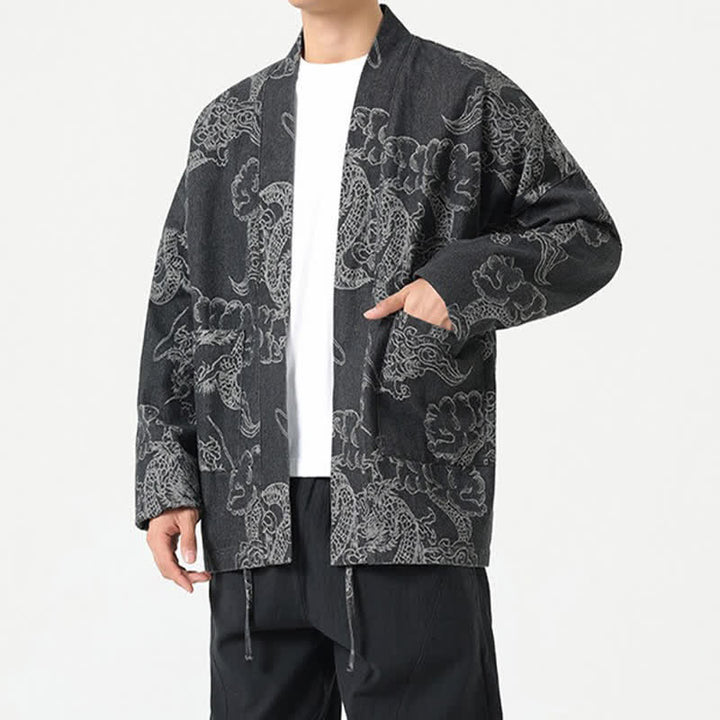 Buddha Stones Spring Vintage Drawstring Dragon Clouds Print Men's Kimono With Pockets - image 11