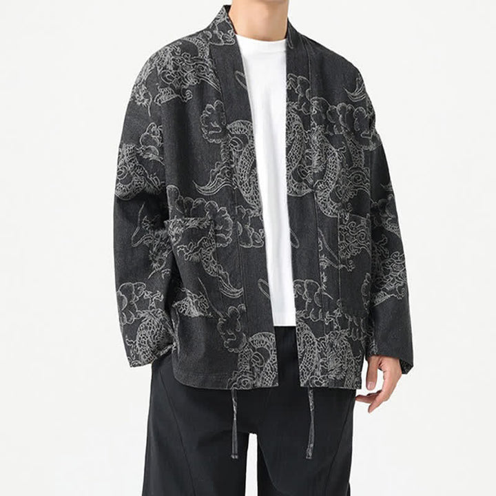 Buddha Stones Spring Vintage Drawstring Dragon Clouds Print Men's Kimono With Pockets - image 18
