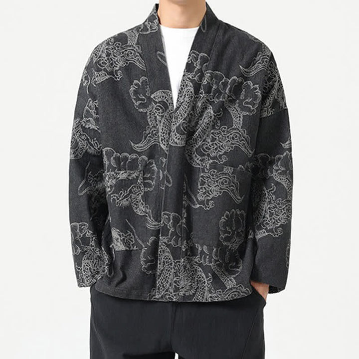 Buddha Stones Spring Vintage Drawstring Dragon Clouds Print Men's Kimono With Pockets - image 17