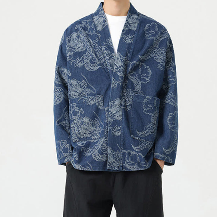 Buddha Stones Spring Vintage Drawstring Dragon Clouds Print Men's Kimono With Pockets - image 2