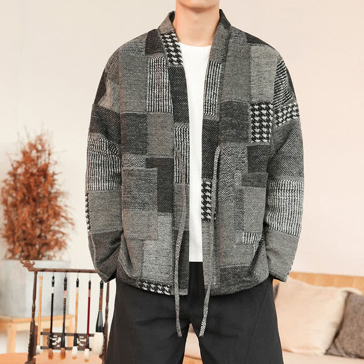 Buddha Stones Fall Winter Casual Vintage Drawstring Plaid Patchwork Men's Kimono With Pockets - DimGray - US/UK/AU42，EU52 (3XL) - image 8