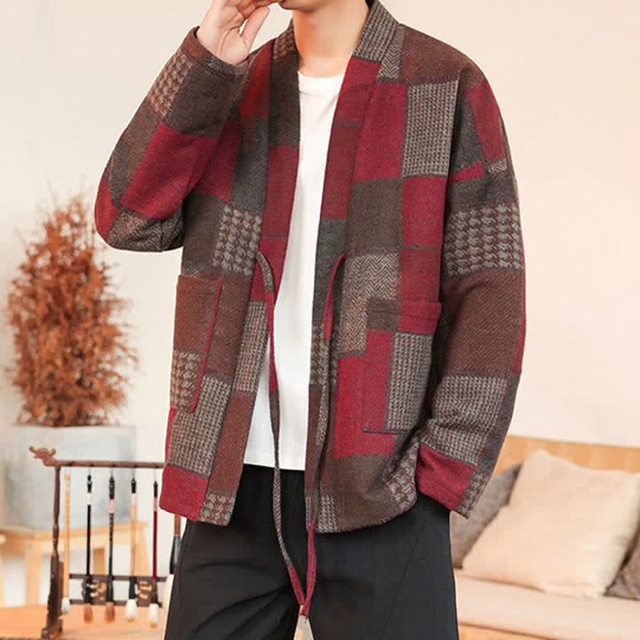 Buddha Stones Fall Winter Casual Vintage Drawstring Plaid Patchwork Men's Kimono With Pockets - image 25