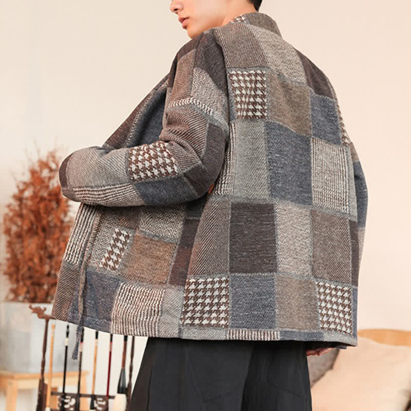 Buddha Stones Fall Winter Casual Vintage Drawstring Plaid Patchwork Men's Kimono With Pockets - image 4