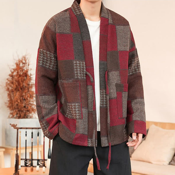 Buddha Stones Fall Winter Casual Vintage Drawstring Plaid Patchwork Men's Kimono With Pockets - image 22