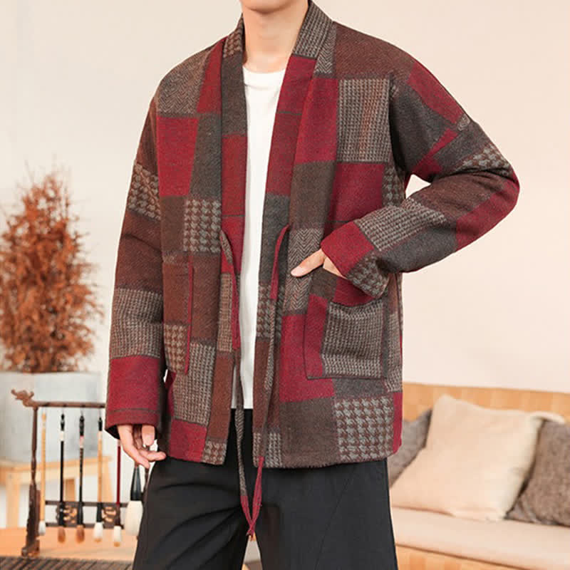 Buddha Stones Fall Winter Casual Vintage Drawstring Plaid Patchwork Men's Kimono With Pockets - image 23