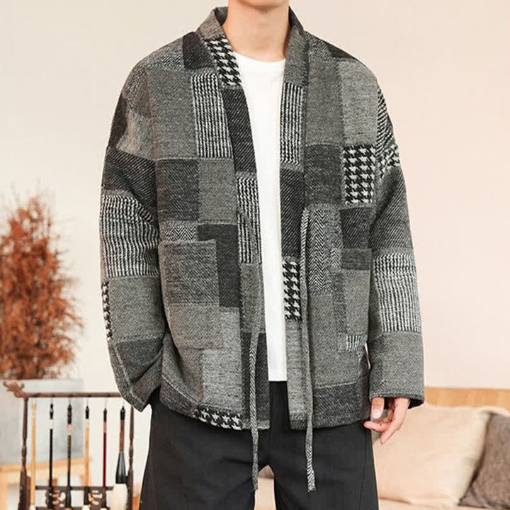 Buddha Stones Fall Winter Casual Vintage Drawstring Plaid Patchwork Men's Kimono With Pockets - image 10