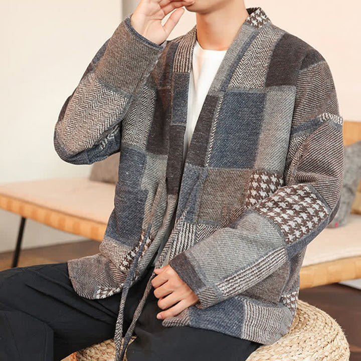 Buddha Stones Fall Winter Casual Vintage Drawstring Plaid Patchwork Men's Kimono With Pockets - image 5