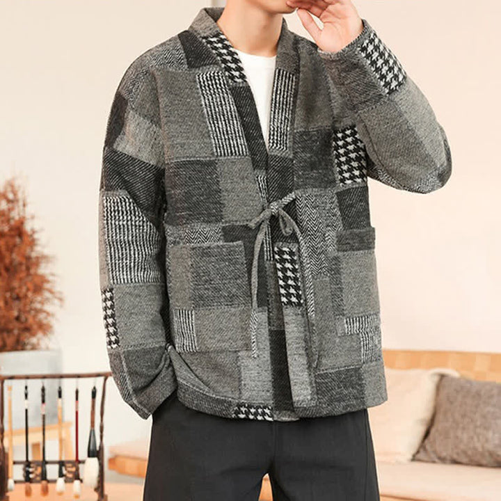 Buddha Stones Fall Winter Casual Vintage Drawstring Plaid Patchwork Men's Kimono With Pockets - image 9