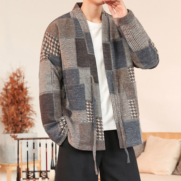 Buddha Stones Fall Winter Casual Vintage Drawstring Plaid Patchwork Men's Kimono With Pockets - image 2