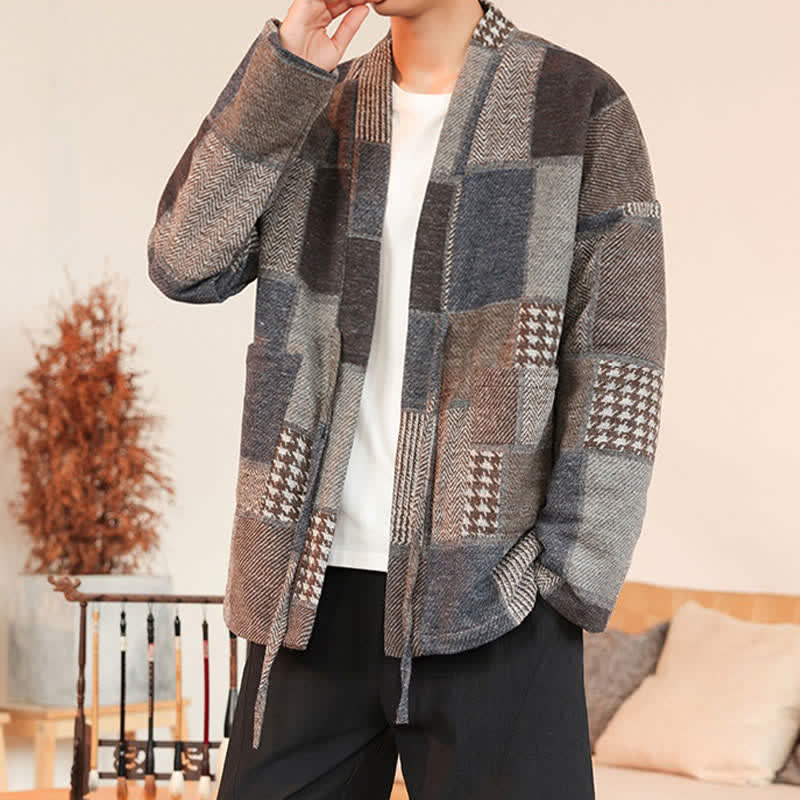 Buddha Stones Fall Winter Casual Vintage Drawstring Plaid Patchwork Men's Kimono With Pockets - image 3