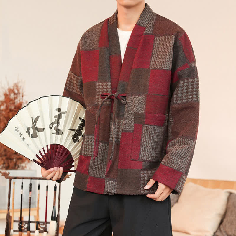 Buddha Stones Fall Winter Casual Vintage Drawstring Plaid Patchwork Men's Kimono With Pockets - image 21