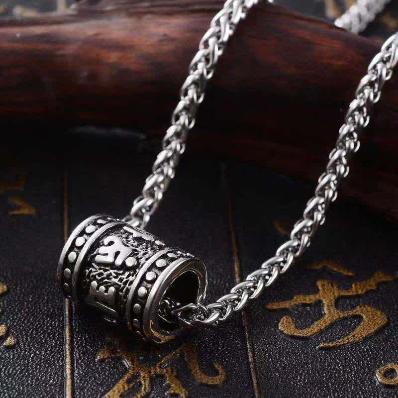 Buddha Stones Titanium Steel Om Mani Padme Hum Relief Carved Cylinder Necklace for Protection and Wisdom - Om Mani Padme Hum - image 0