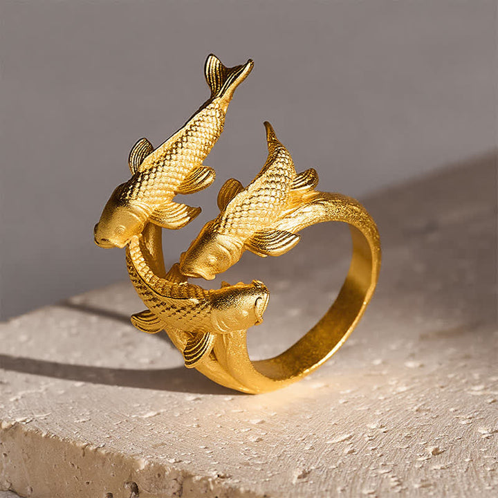 Buddha Stones Retro Alloy Three Koi Fish Wealth Open Ring - image 2