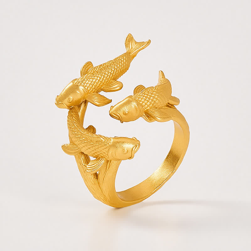 Buddha Stones Retro Alloy Three Koi Fish Wealth Open Ring - image 4