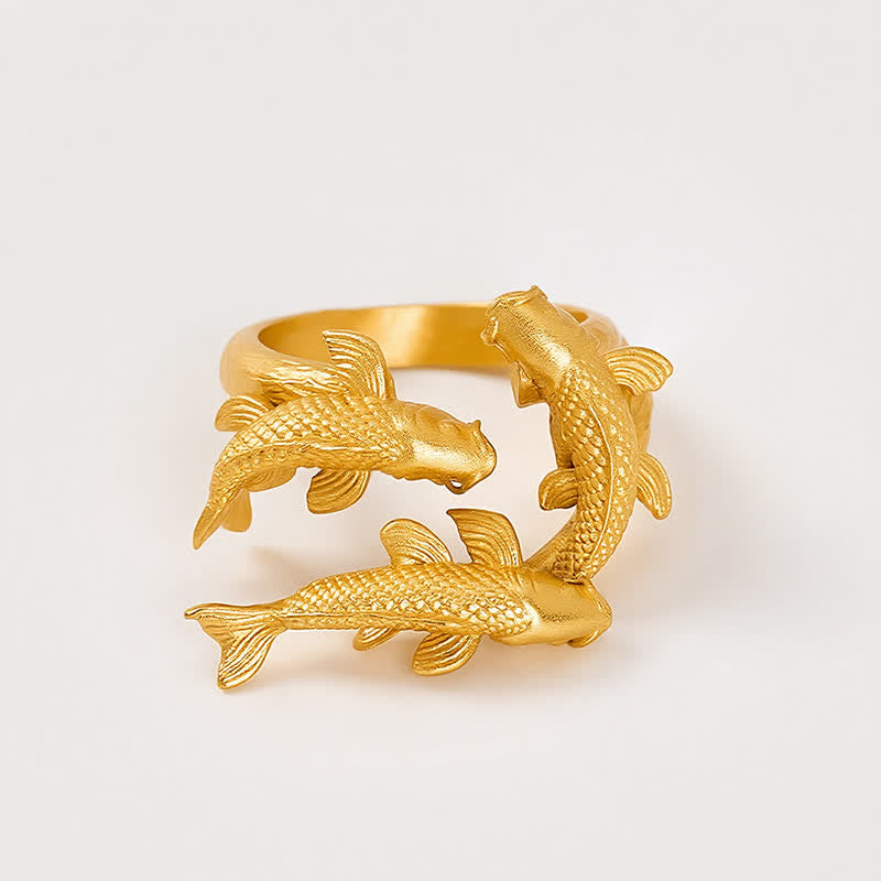 Buddha Stones Retro Alloy Three Koi Fish Wealth Open Ring - image 5
