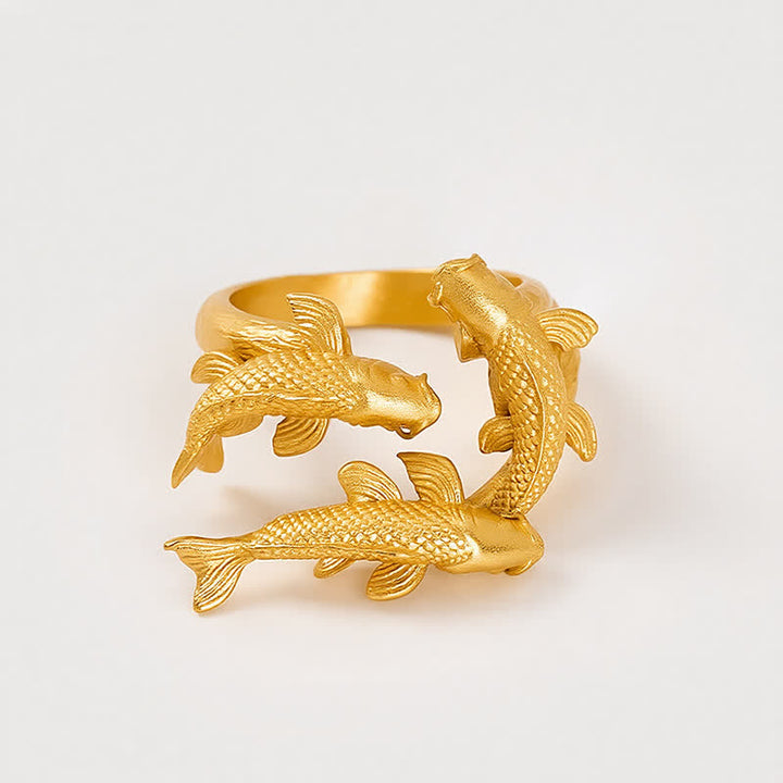 Buddha Stones Retro Alloy Three Koi Fish Wealth Open Ring - image 5