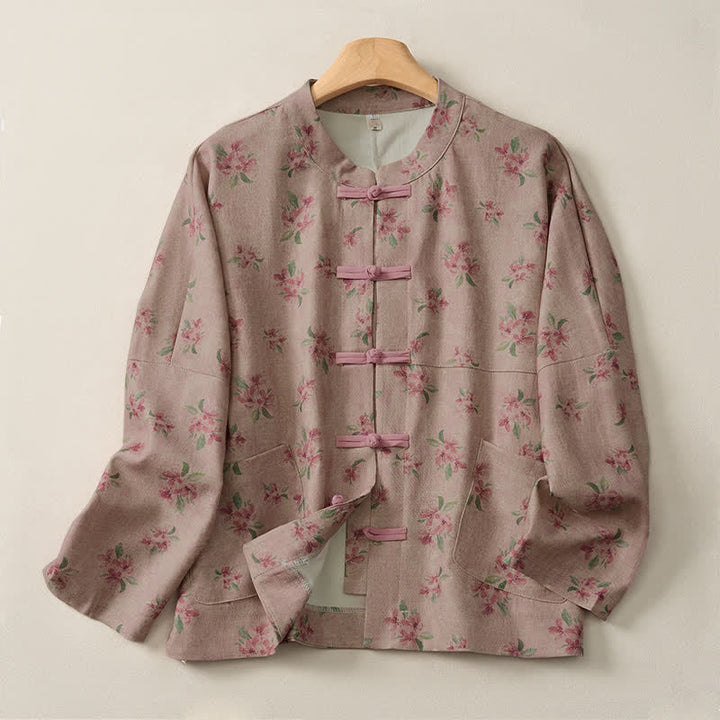Buddha Stones Fall Vintage Tang Style Frog Button Floral Women's Jacket With Pockets - RosyBrown - US14, UK/AU18, EU46 (2XL) - image 8