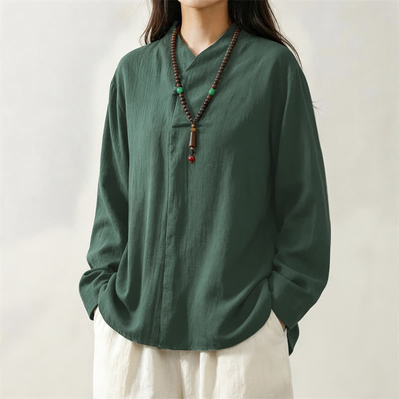 Buddha Stones Spring Fall Casual Tang Style Mandarin Collar Solid Cotton Women's Long Sleeve Shirts - image 3