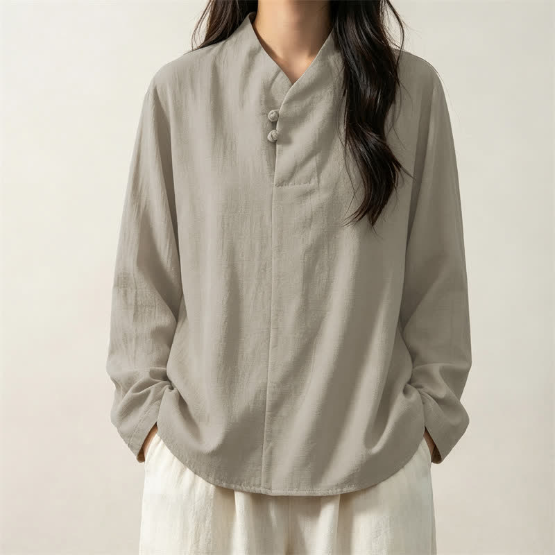 Buddha Stones Spring Fall Casual Tang Style Mandarin Collar Solid Cotton Women's Long Sleeve Shirts - image 10