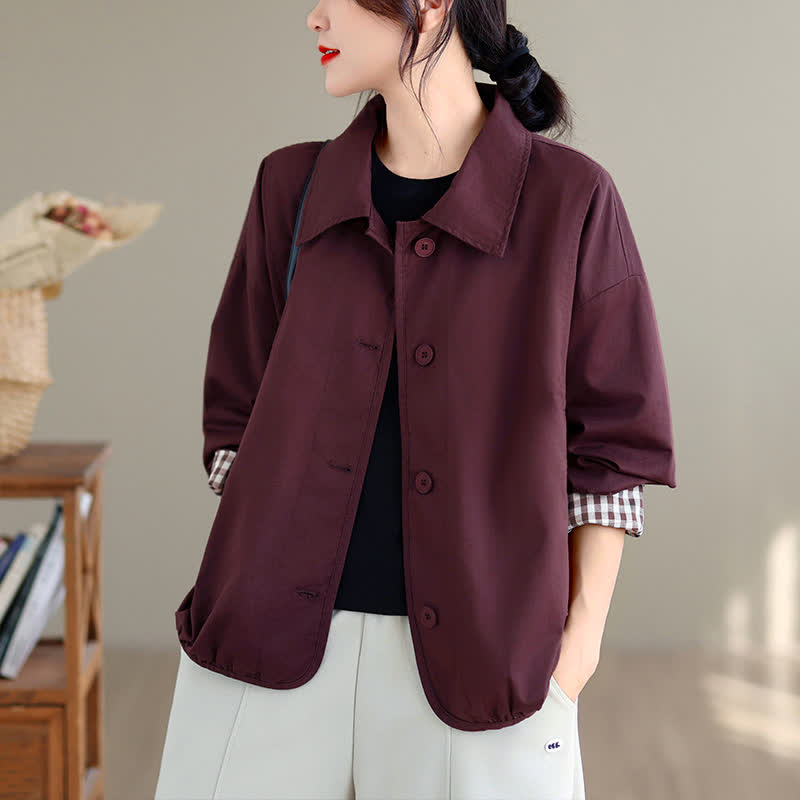 Buddha Stones Fall Casual Vintage Button-Up Solid Checkered Pattern Women's Jacket With Pockets - image 18