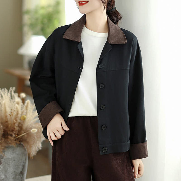 Buddha Stones Fall Casual Vintage Contrast Trim Design Button-Up Solid Women's Jacket - Black - US8-10, UK/AU12-14, EU40-42 (2XL) - image 0