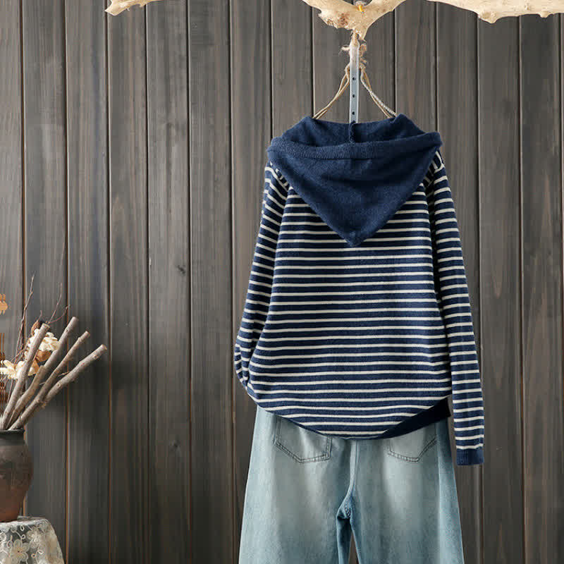 Buddha Stones Fall Winter Casual Classic Drawstring Striped Cotton Women's Hoodie - image 1