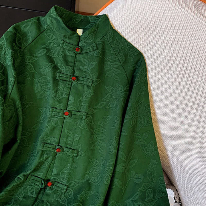 Buddha Stones Fall Vintage Tang Style Frog Button Floral Leaves Cotton Cropped Women's Long Sleeve Shirts - image 6