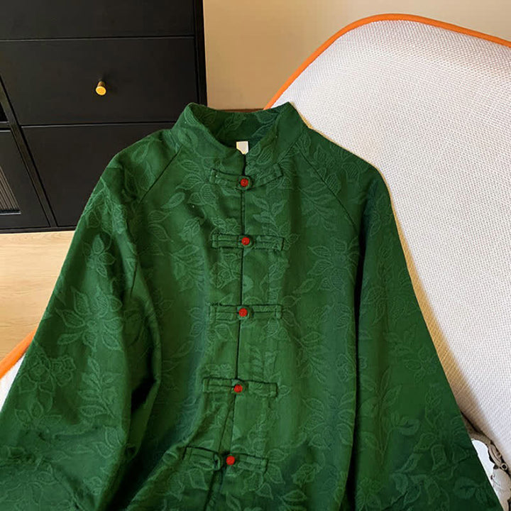 Buddha Stones Fall Vintage Tang Style Frog Button Floral Leaves Cotton Cropped Women's Long Sleeve Shirts - image 3