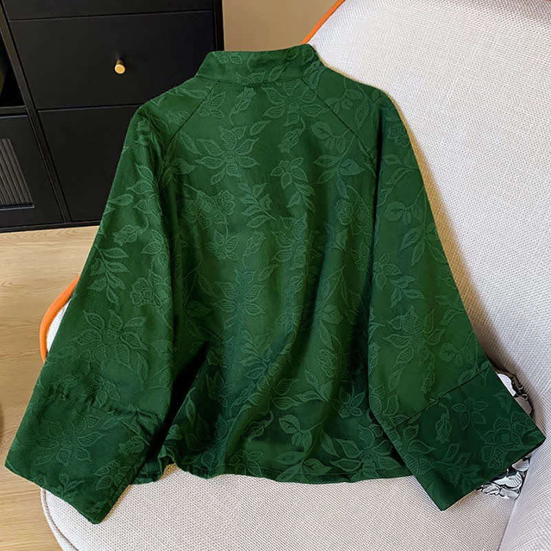 Buddha Stones Fall Vintage Tang Style Frog Button Floral Leaves Cotton Cropped Women's Long Sleeve Shirts - image 1