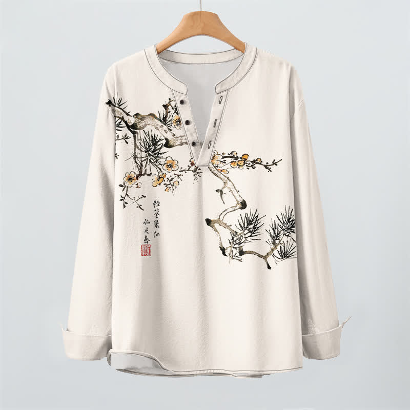 Buddha Stones Cotton Ink Pine Yellow Flowers Pattern V-Neck Buttons Men's Long Sleeve Shirts - image 2