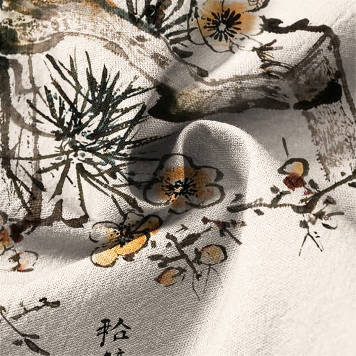 Buddha Stones Cotton Ink Pine Yellow Flowers Pattern V-Neck Buttons Men's Long Sleeve Shirts - image 6